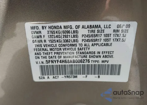 2010 Honda Pilot Ex-L z USA, uszkodzony, nr VIN 5FNYF4H68AB006276